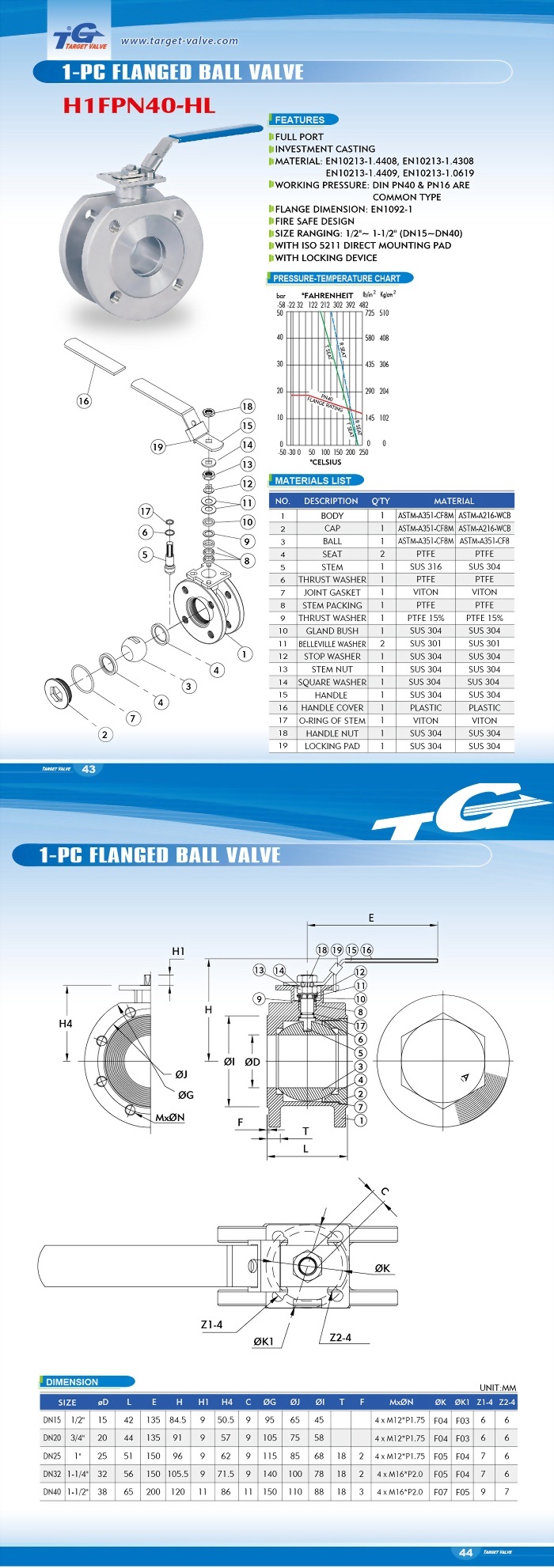 1 PC FLANGED BALL VALVE - H1FPN40